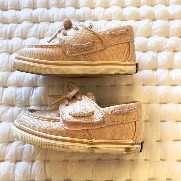 Pink sperrys with gold flecks for toddler girl. Play condition. - Picture 2 of 5